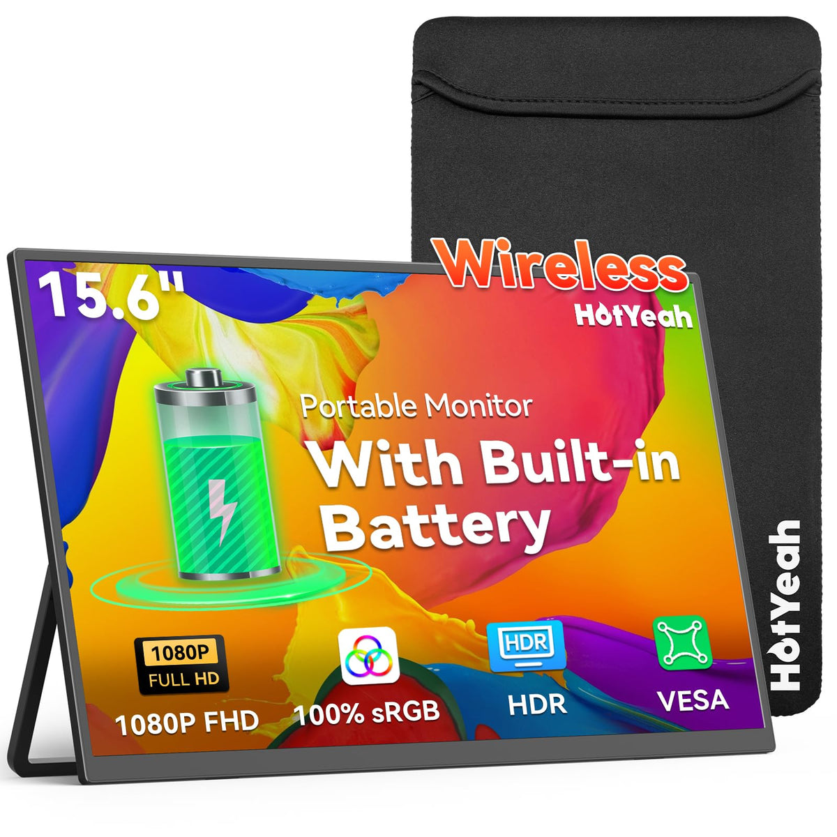HotYeah 15.6-inch wireless monitor front view, portable second screen for on-the-go productivity.