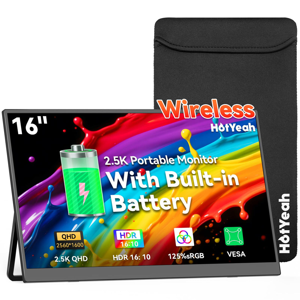HotYeah 16-inch wireless portable monitor front view for on-the-go productivity