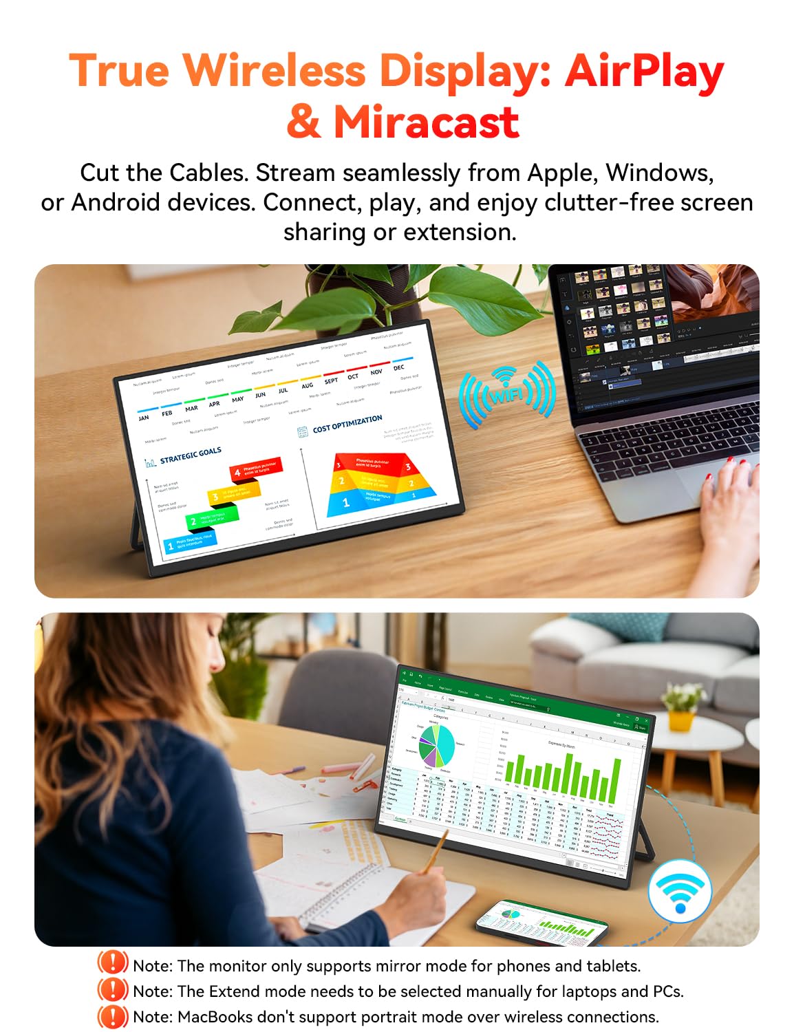 HotYeah screen showing AirPlay and Miracast setup for wireless casting.