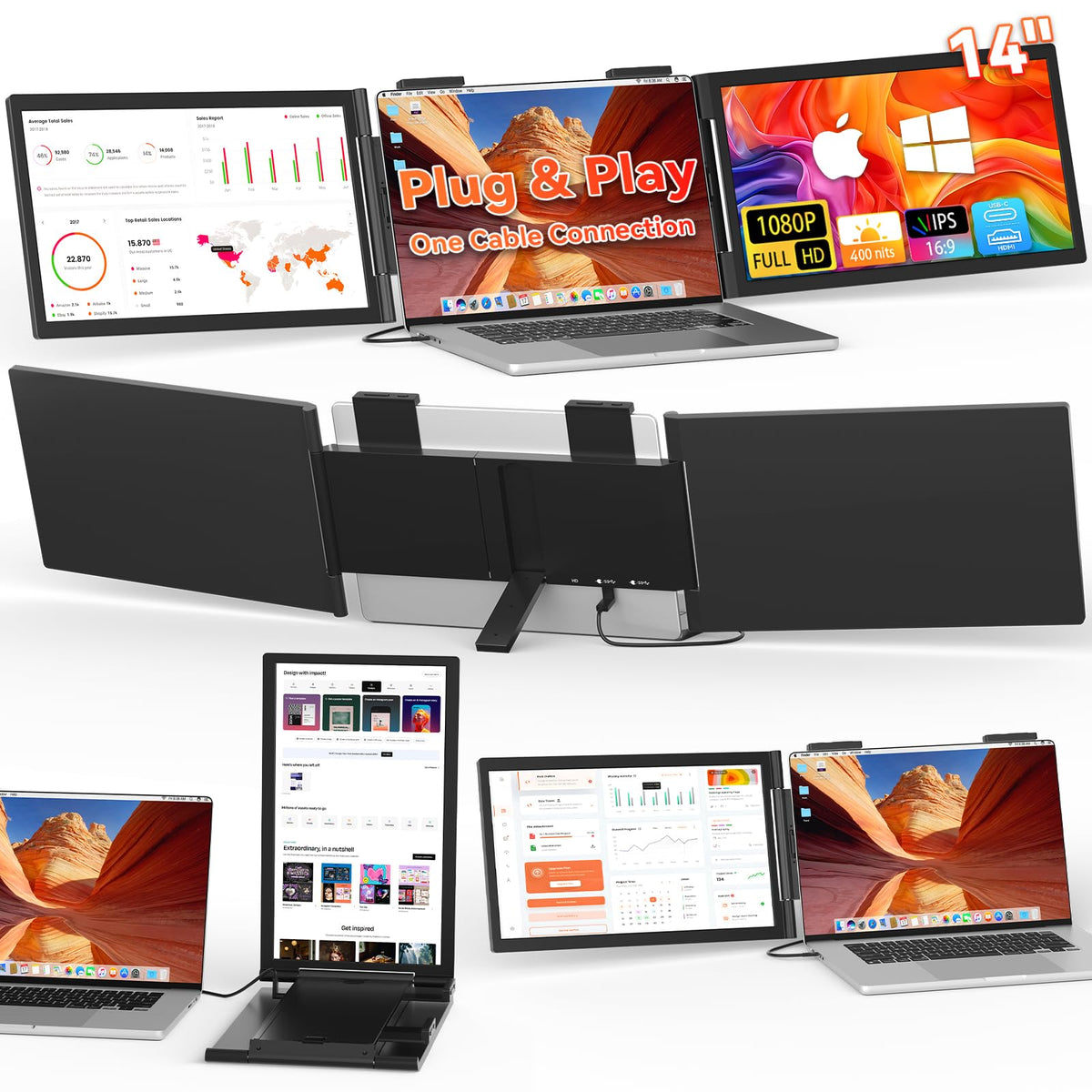 HotYeah laptop extender triple setup enhances multitasking at a single desk.