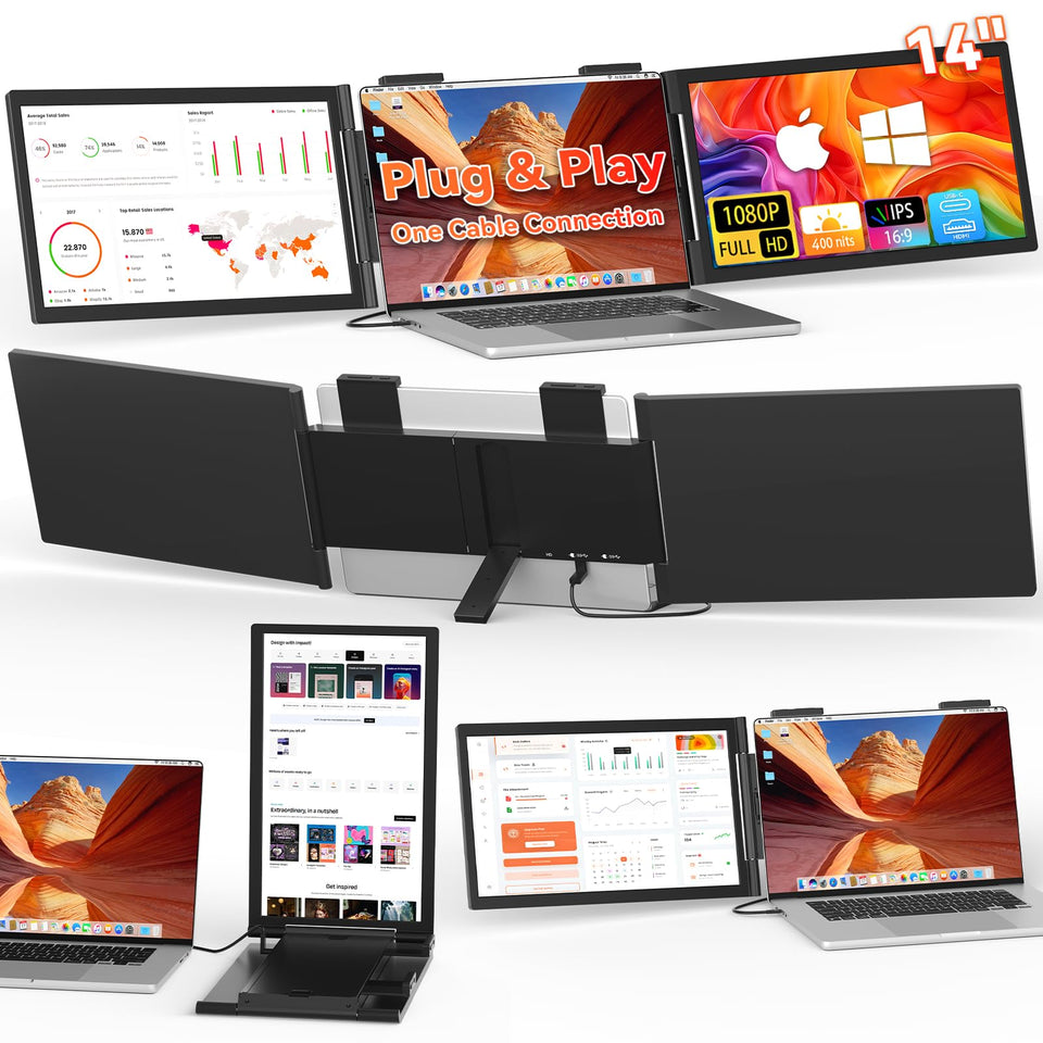 HotYeah laptop extender triple setup enhances multitasking at a single desk.
