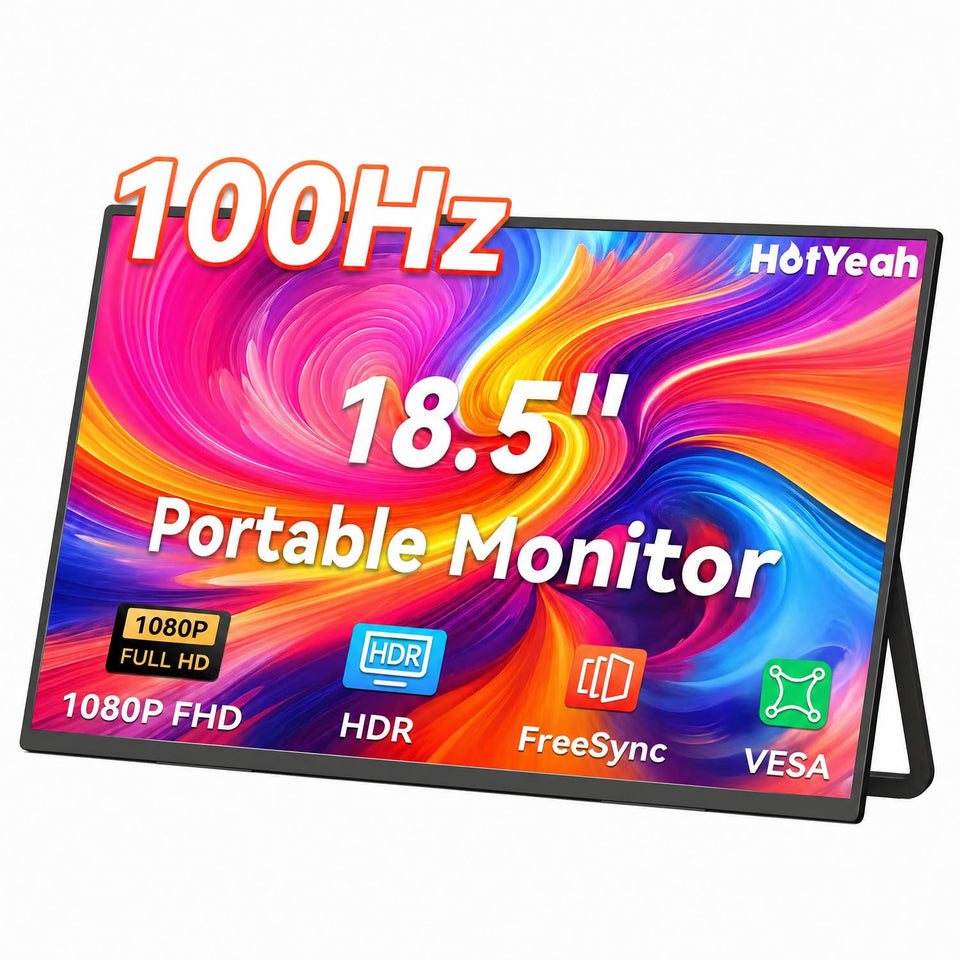 HotYeah portable monitor in setup view delivering crisp 1080p clarity for multitasking on the go.