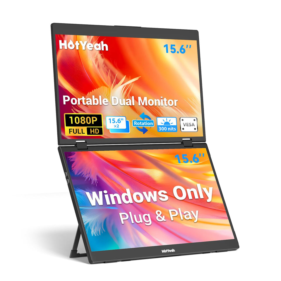 HotYeah triple-screen setup shows portable workstation with expanded visual space for multitasking.
