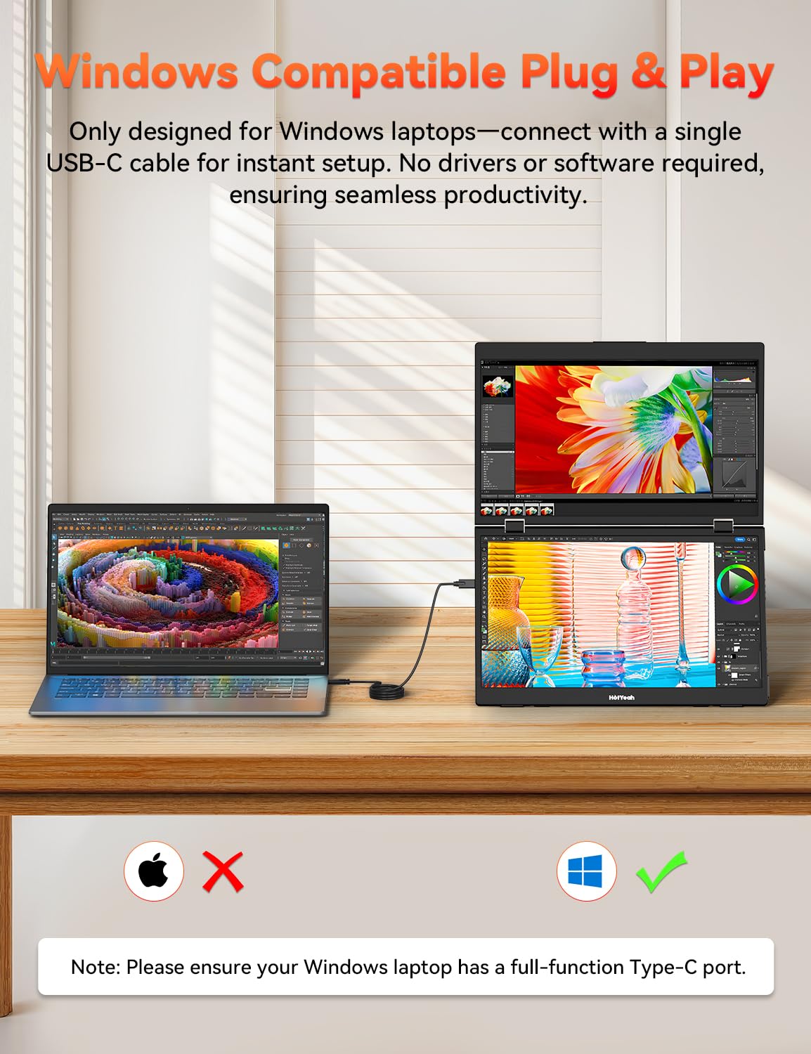 HotYeah USB-C plug-and-play connection enables quick productivity on Windows laptops.