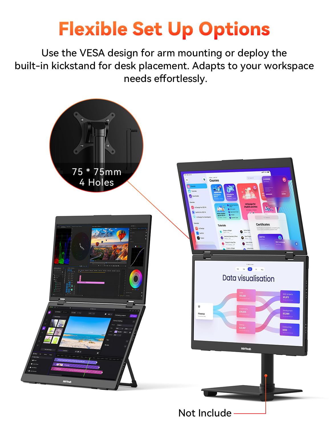 HotYeah VESA mounting enables arm or wall installation.