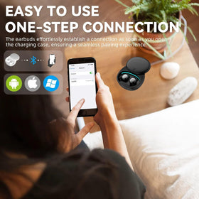 Houlyn earbuds beside a coin to show small size for travel-friendly portability