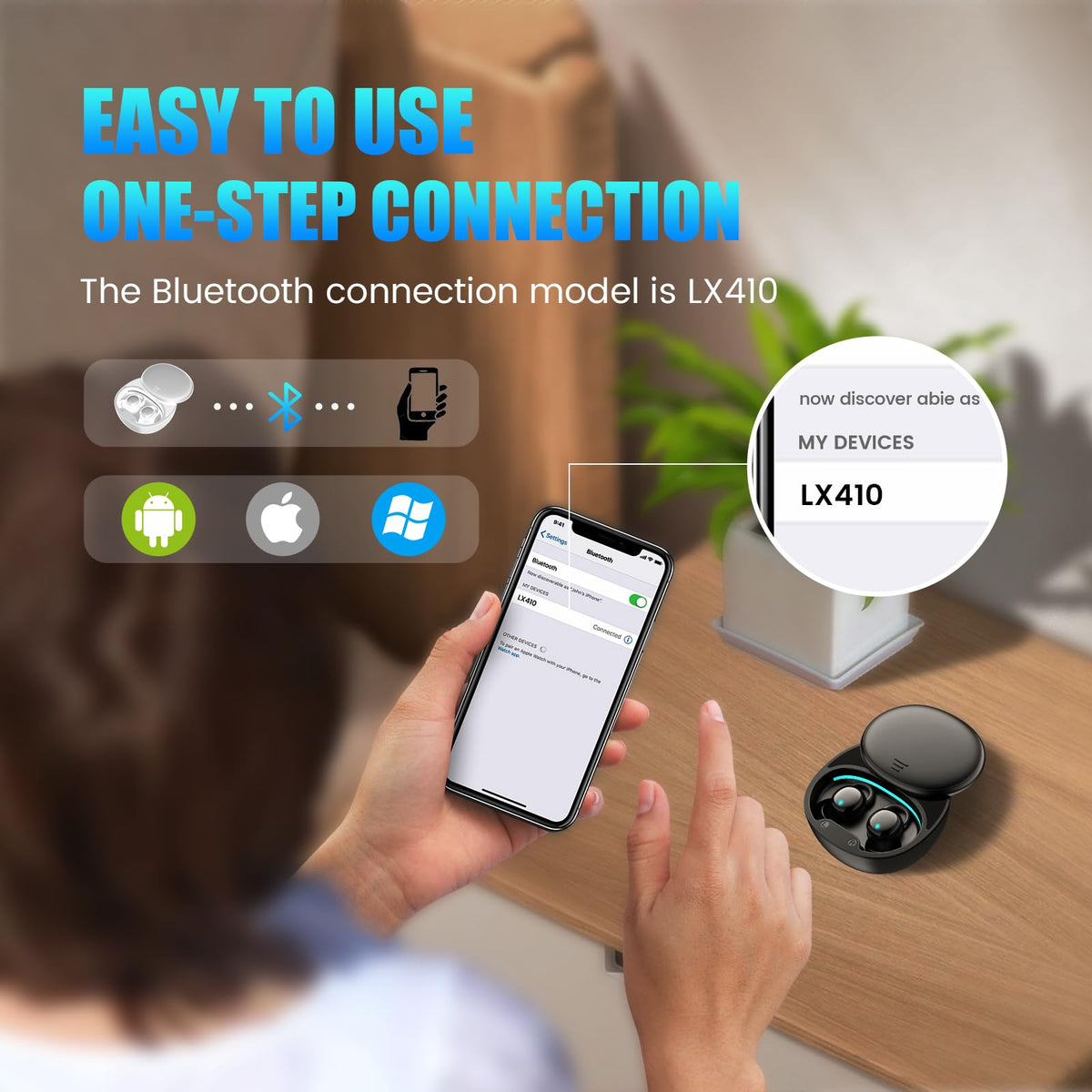Houlyn earbuds on a bedside table in a bedroom setting promoting peaceful sleep