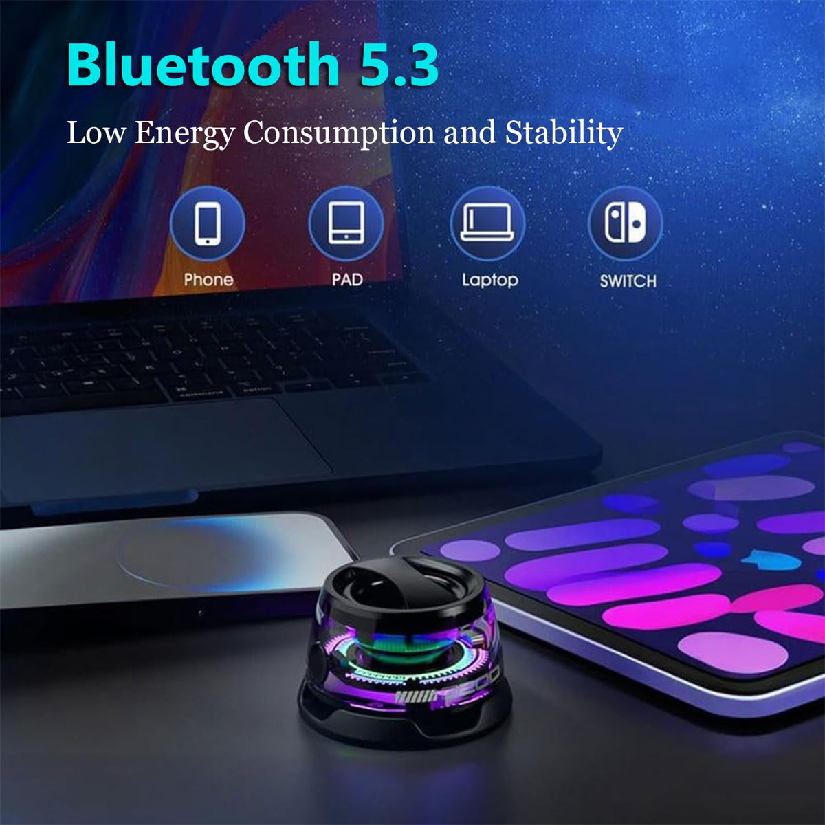 Vibrant RGB lighting on the Hounyoln G200 enhances mood during playback.