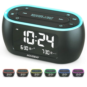 HOUSBAY digital alarm clock front view on a tidy bedside table showing compact design