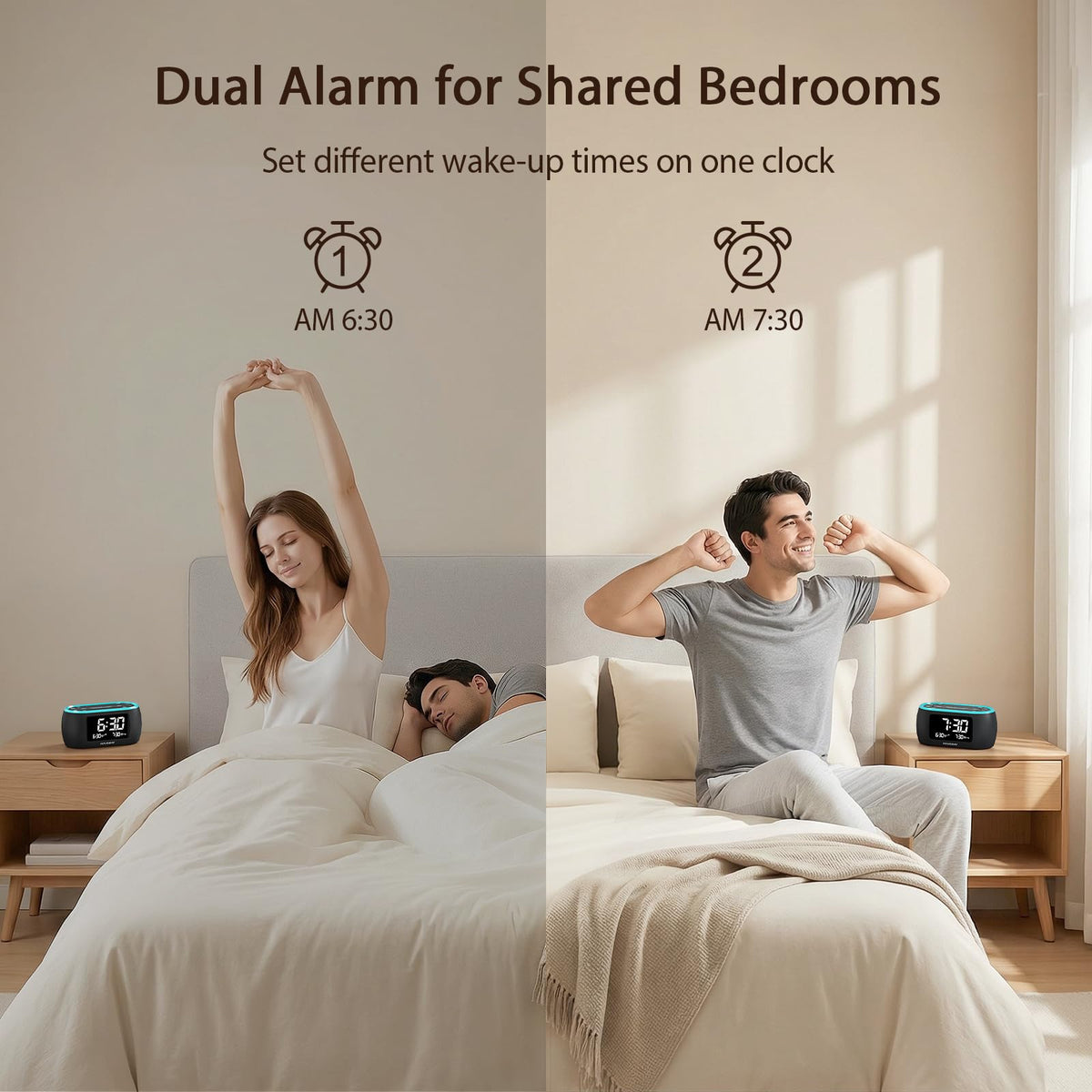 HOUSBAY dual alarm control panel illustrating easy wake time settings