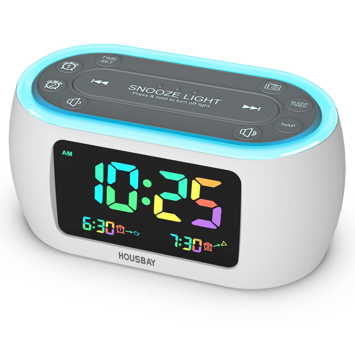 HOUSBAY Glow front view showing LED digits and compact bedside benefit