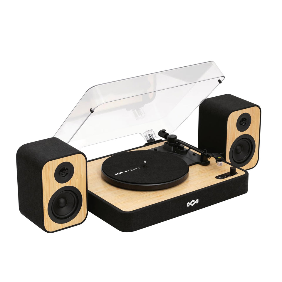 House of Marley Revolution turntable with dust cover for easy setup and tidy living space.