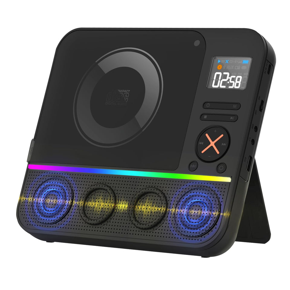 HOVOYNN portable CD player with Bluetooth and RGB light enhances desk ambience and music.