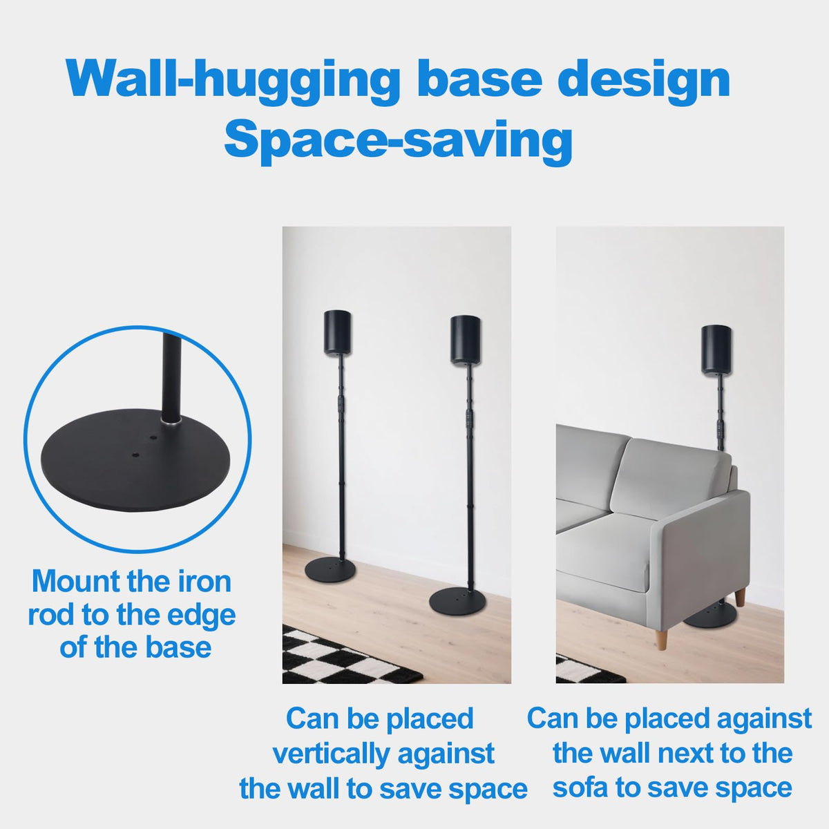 Howonder stand holding Sonos Era 100 speaker in living room showing improved sound placement benefit