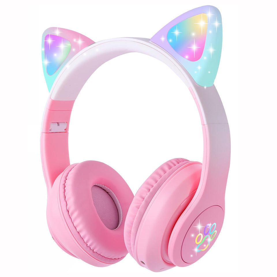 HOYJACY cat ear headphones with pink LED lights for kids' music fun and style.