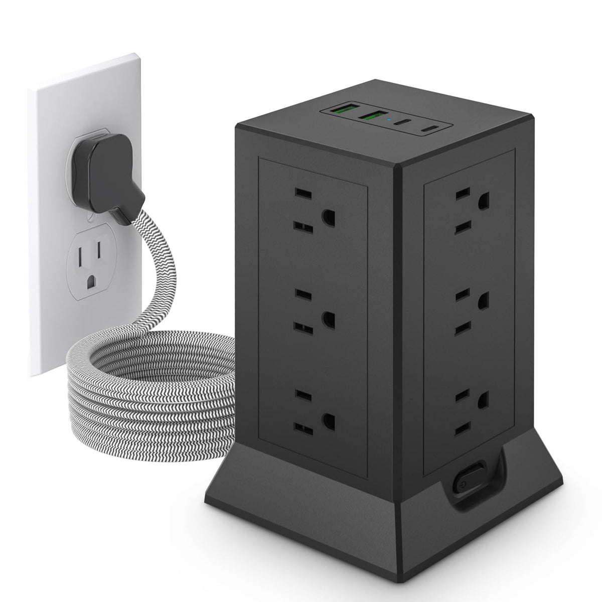 Hozzx Power Strip Tower with 12 outlets keeps your desk organized and cables tidy