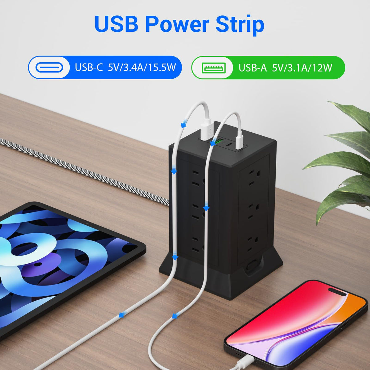 Hozzx Power Strip Tower 45-degree design frees adjacent outlets for accessories