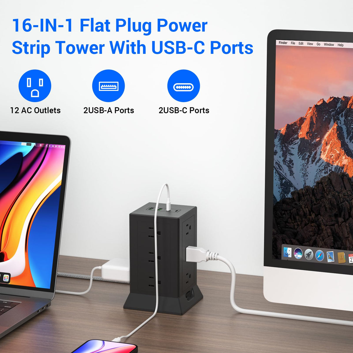 Hozzx Power Strip Tower USB ports enable versatile charging for devices like phones and laptops