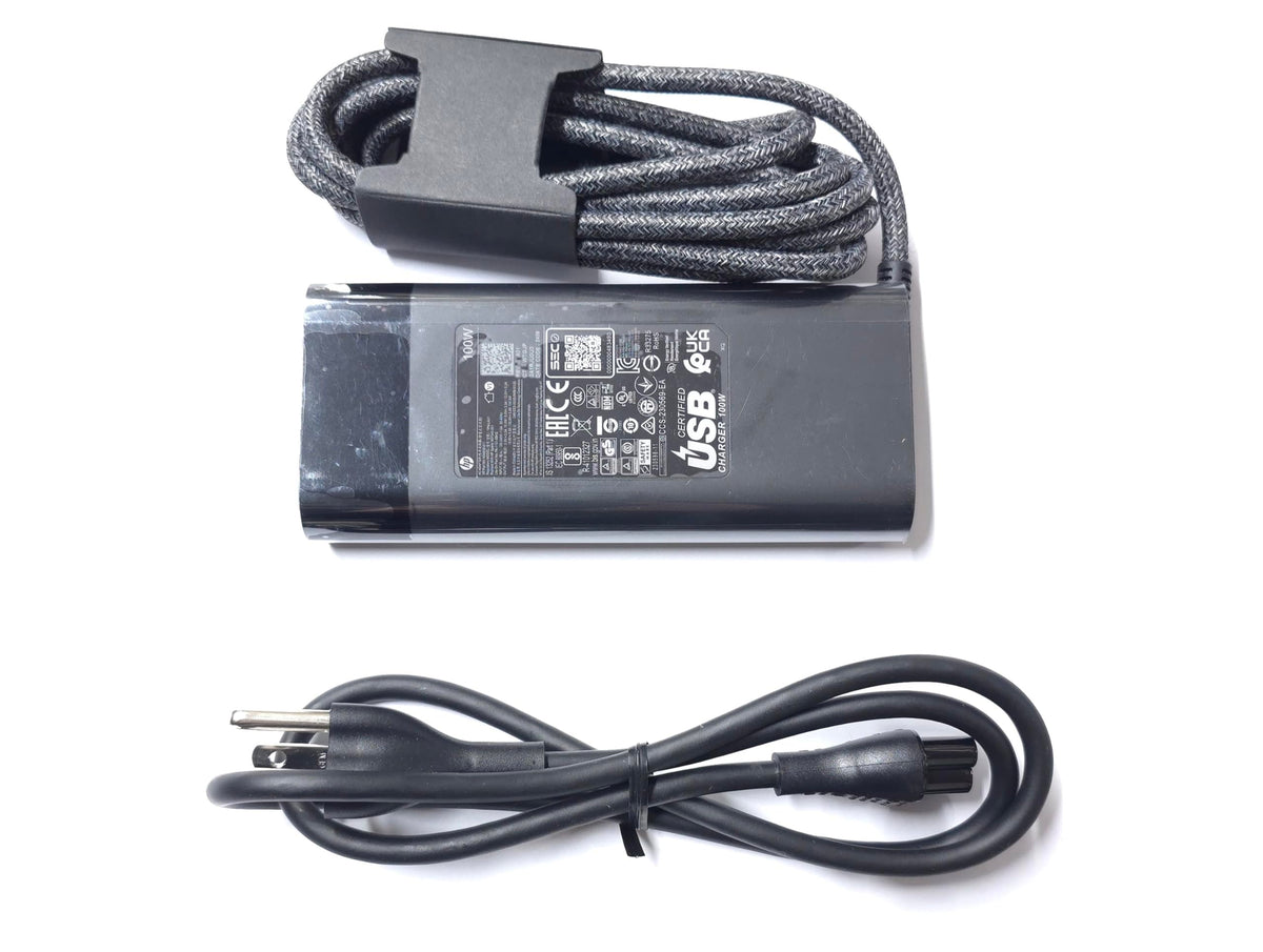 HP 100W USB-C Charger compact design suitable for desk and travel.
