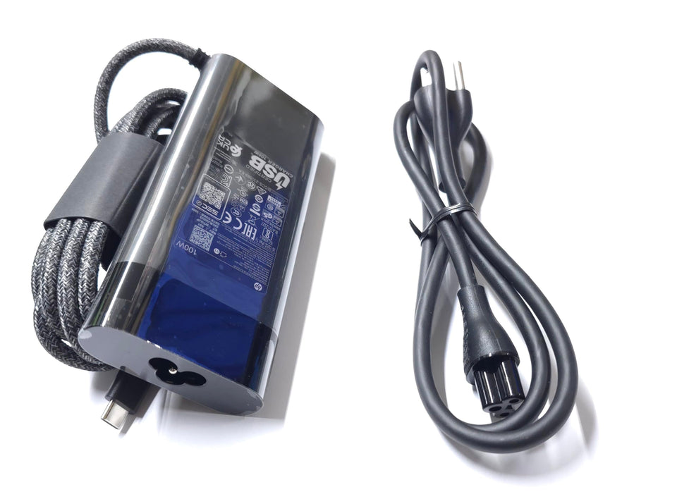HP 100W USB-C Charger front view for travel-ready power.