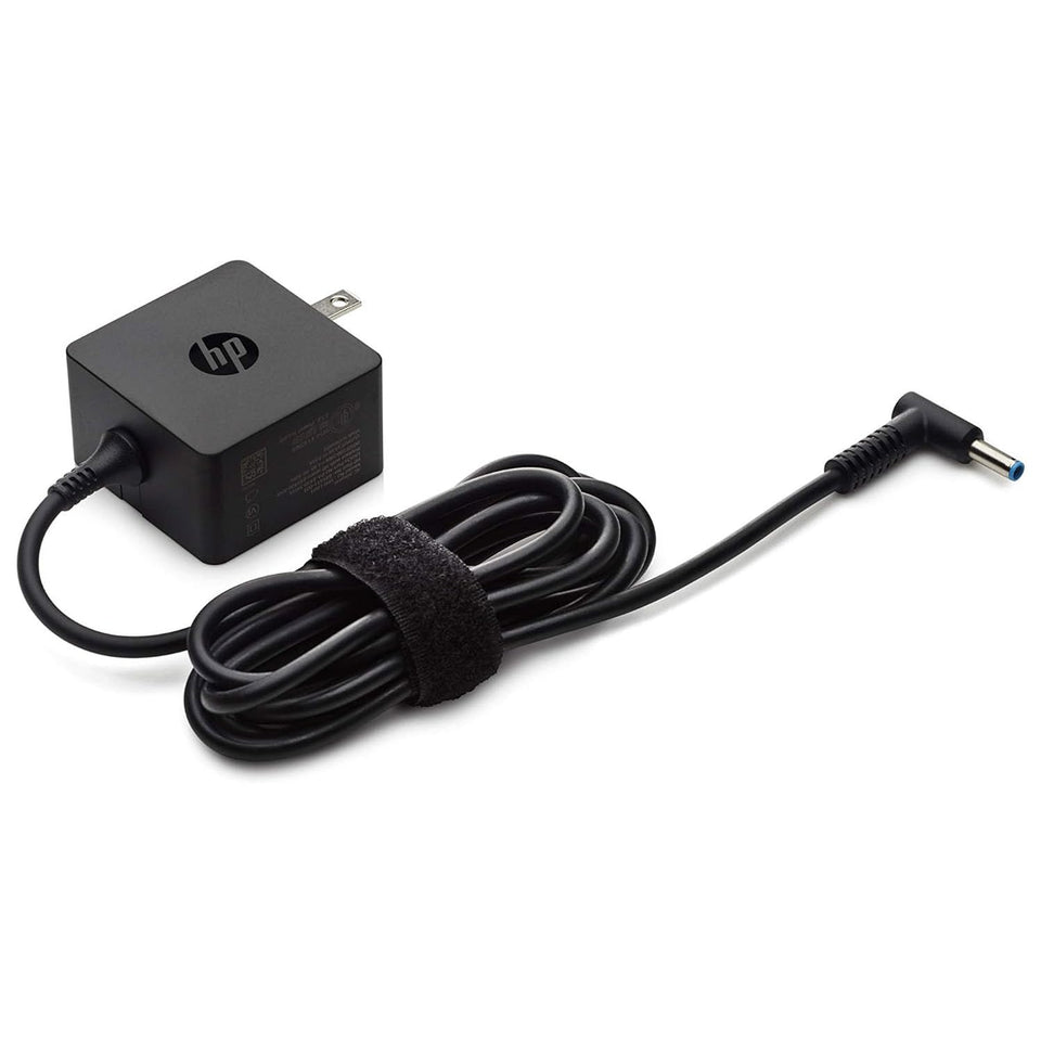 HP 45W travel power supply front view powering a laptop