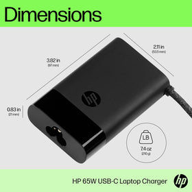 HP 65W charger durable cable detail emphasizing tangle-free travel