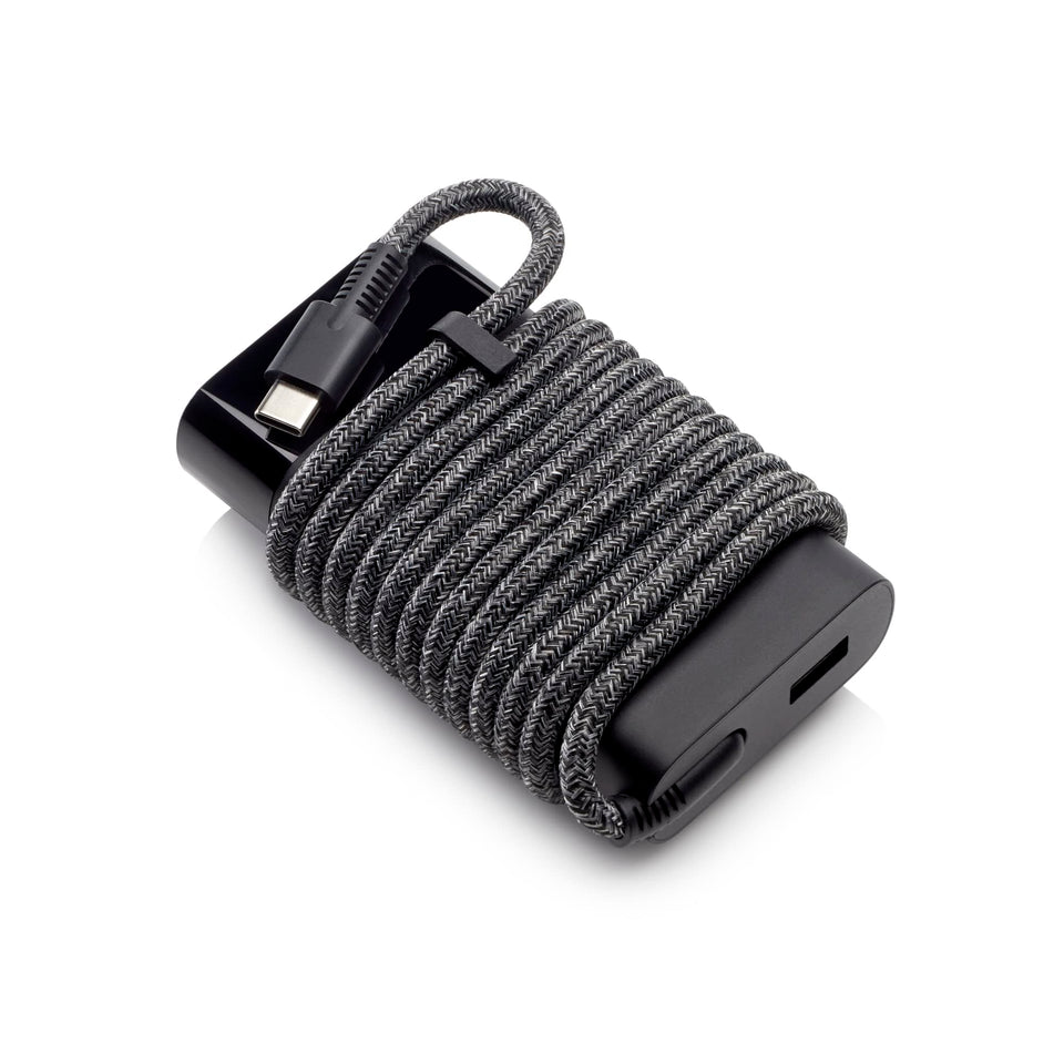 HP 65W charger front view showing compact design and portability benefit
