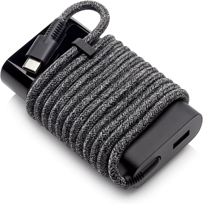 HP 65W charger USB-C port closeup showing reliable connection benefit