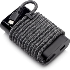 HP 65W charger USB-C port closeup showing reliable connection benefit