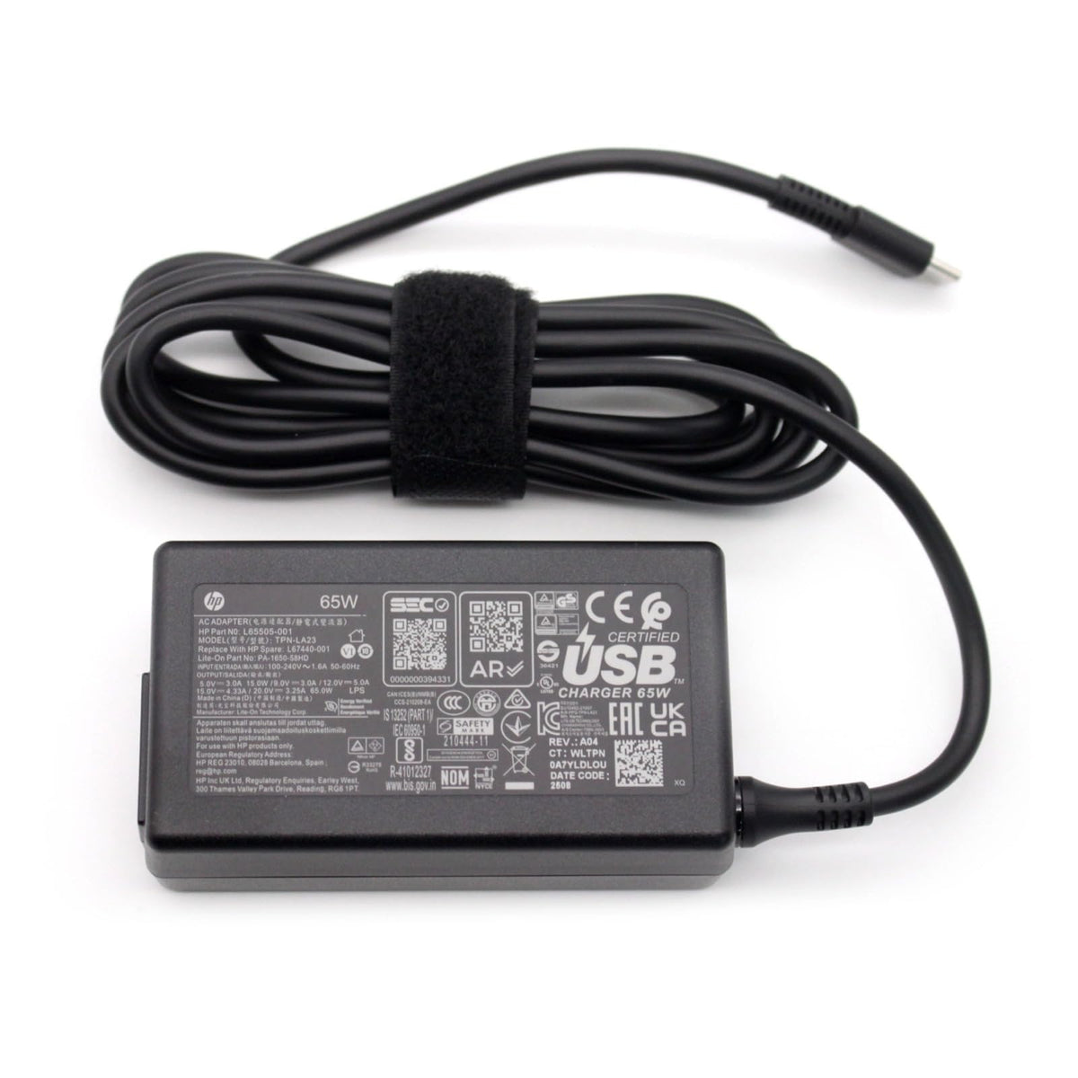 HP 65W USB-C adapter front view showing compact design and branding for easy replacement