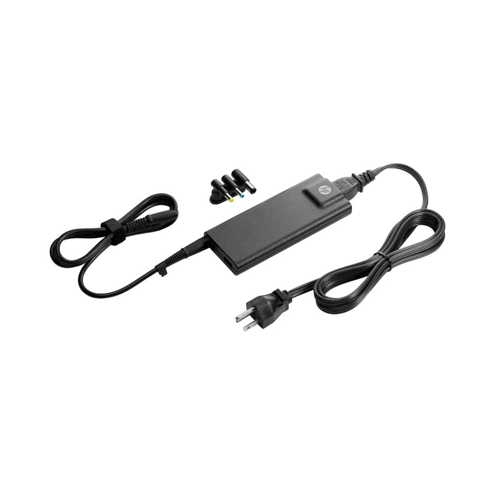 HP 90W charger in use on a tidy desk showing clutter-free setup