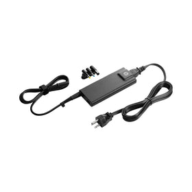 HP 90W charger in use on a tidy desk showing clutter-free setup