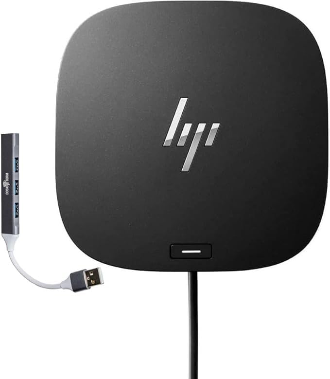 HP Dock G5 front view highlights compact size and clutter-free desk setup.