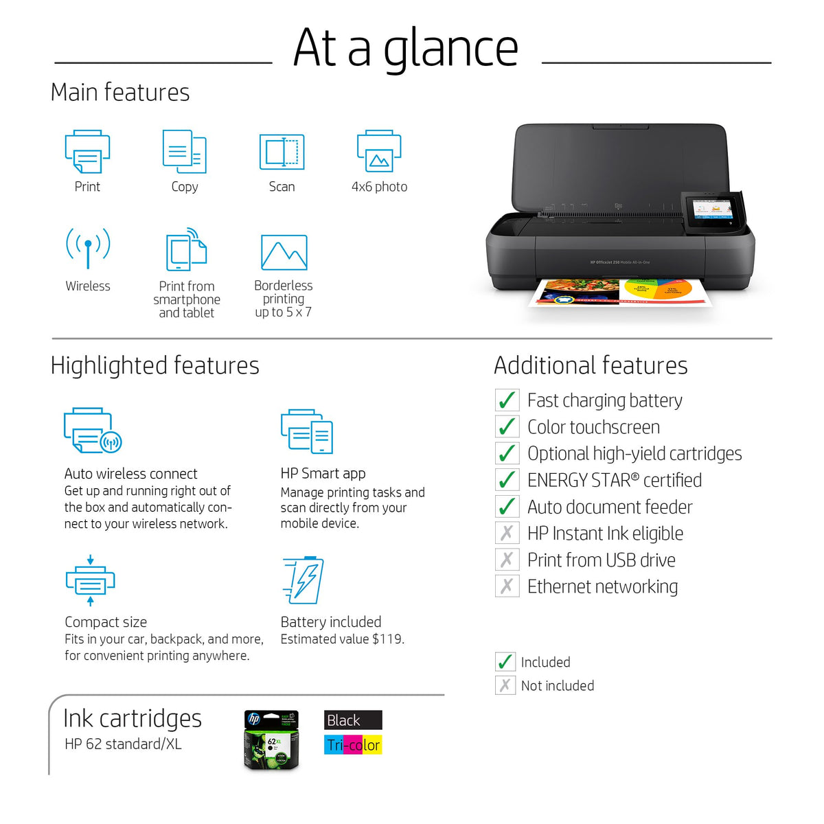 HP OfficeJet 250 long battery life supports hours of portable work.