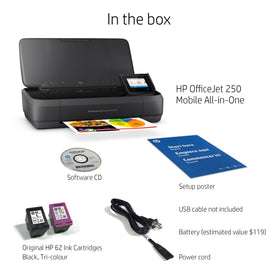 HP OfficeJet 250 compact design fits in bags for travel printing.