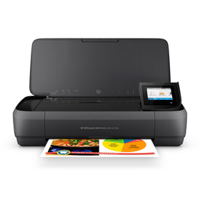 HP OfficeJet 250 front view shows portable all-in-one printing on the go.