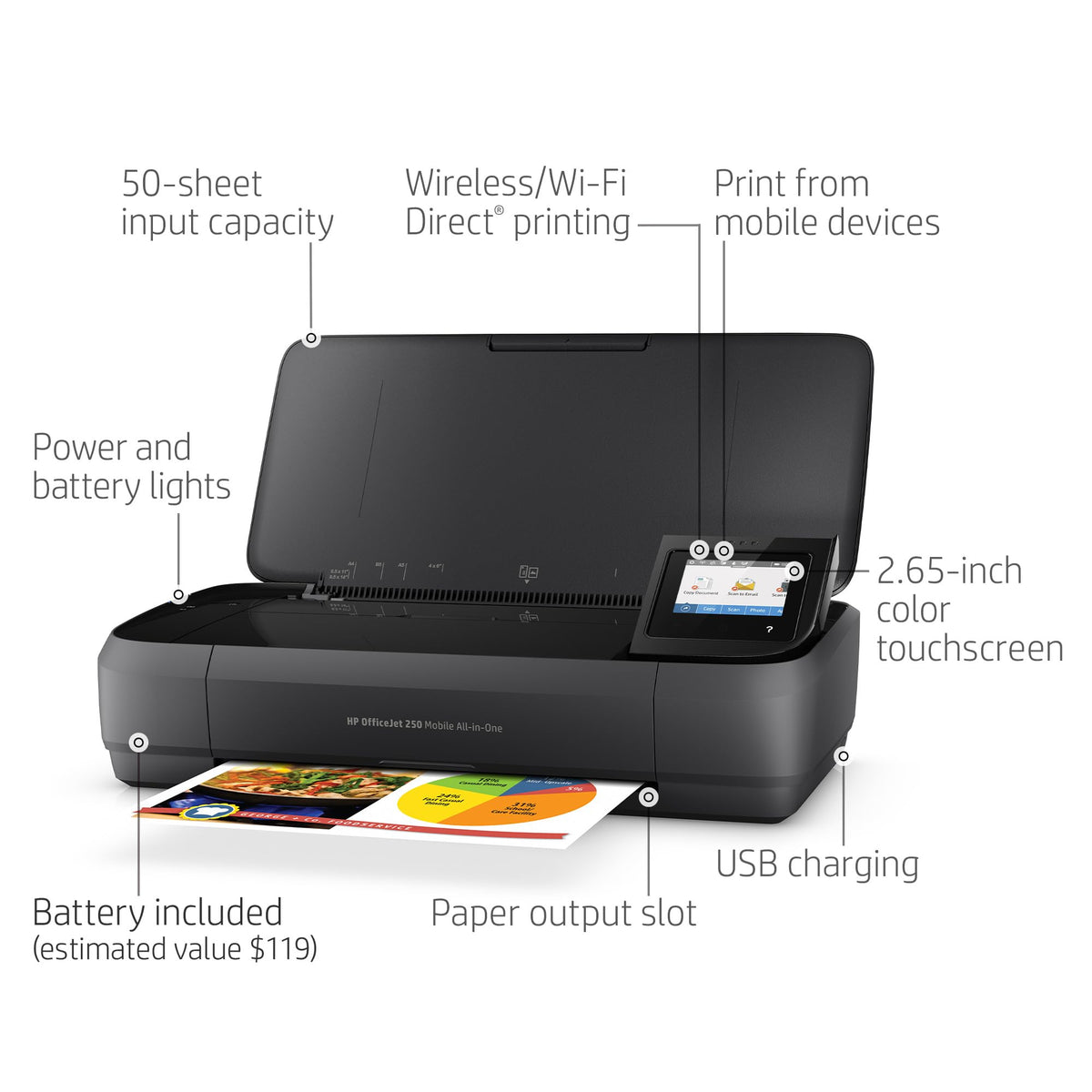 HP OfficeJet 250 wireless print feature enables direct sharing from mobile devices.