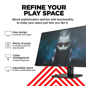 HP Omen 23.8-inch monitor angled front showing sleek design and cable management.