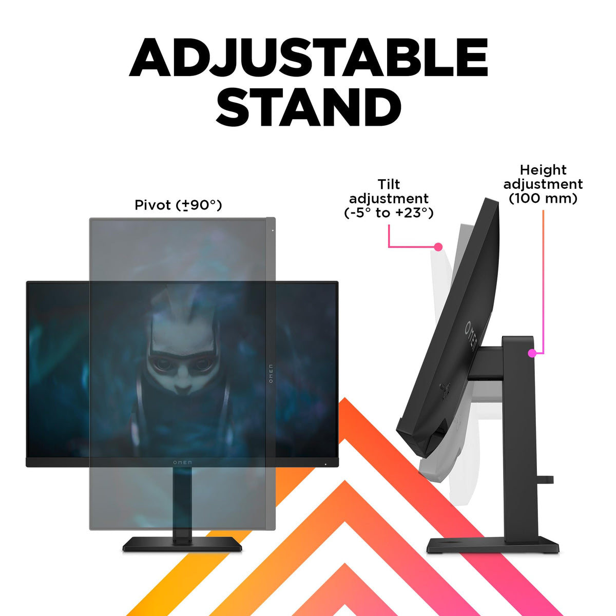 HP Omen 23.8-inch monitor ports and stand with adjustable height and tilt.