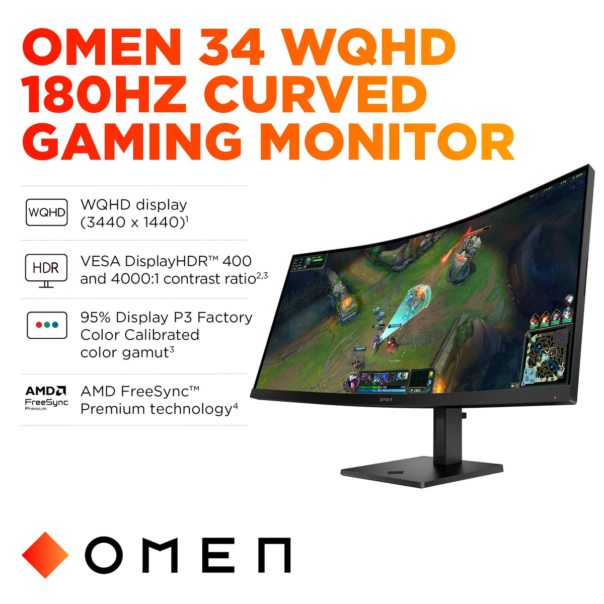 HP OMEN 34c G2 side profile showing slim bezels and adjustable stand.