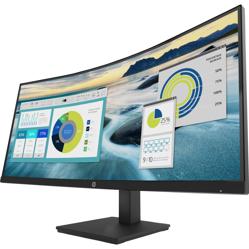 HP P34hc G4 curved monitor ultrawide view supports multitasking efficiency.