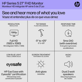HP Series 5 27-inch monitor with 1500:1 contrast highlights shadows and color depth.