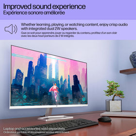 HP Series 5 27-inch monitor includes built-in speakers for complete desk setup.