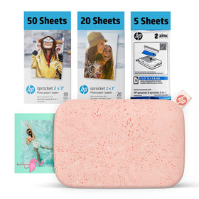 HP Sprocket pink bundle front view, portable photo printer for on-the-go memories.