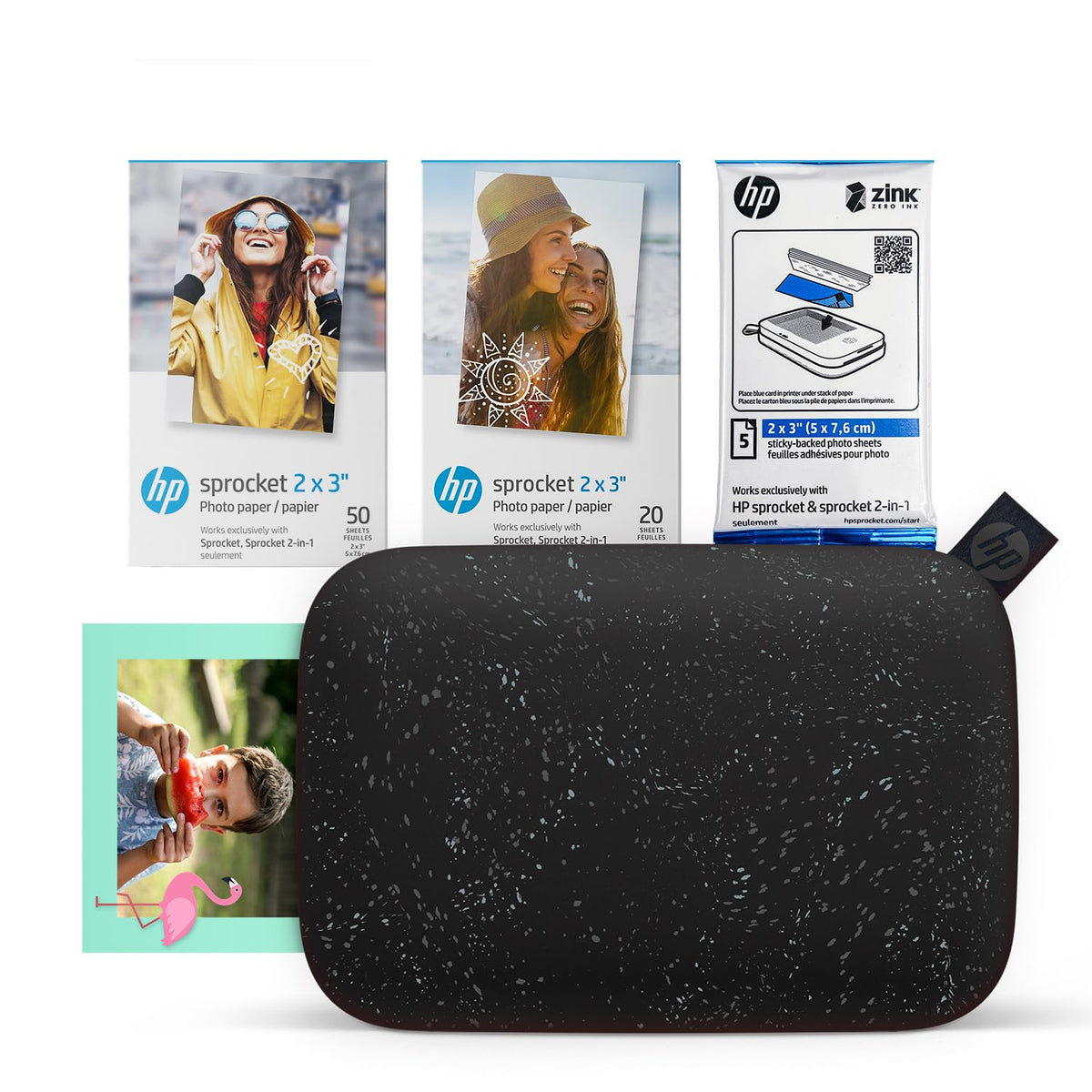 HP Sprocket 2x3 front black design showcases portable instant photo printing on the go.