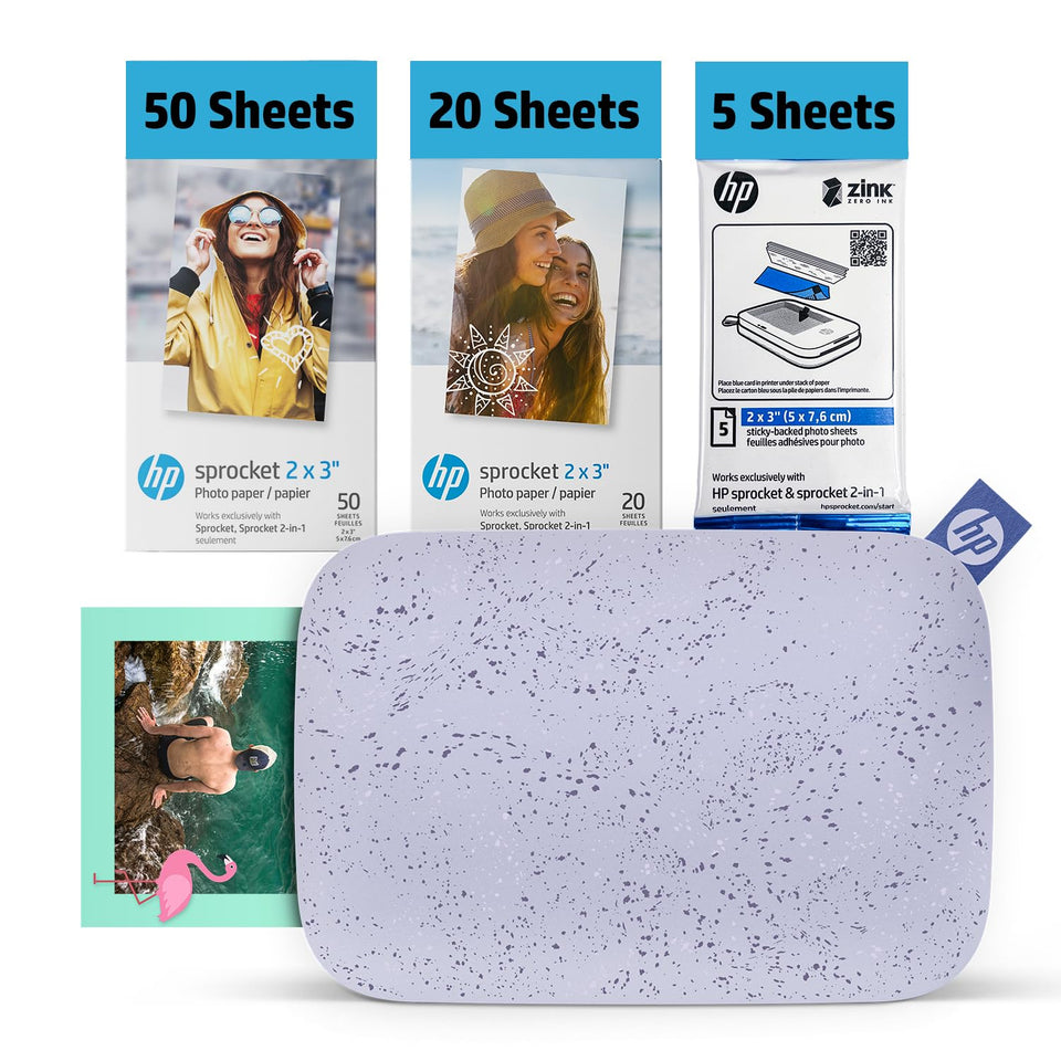HP Sprocket 2x3 purple printer front view for portable on-the-go photo printing