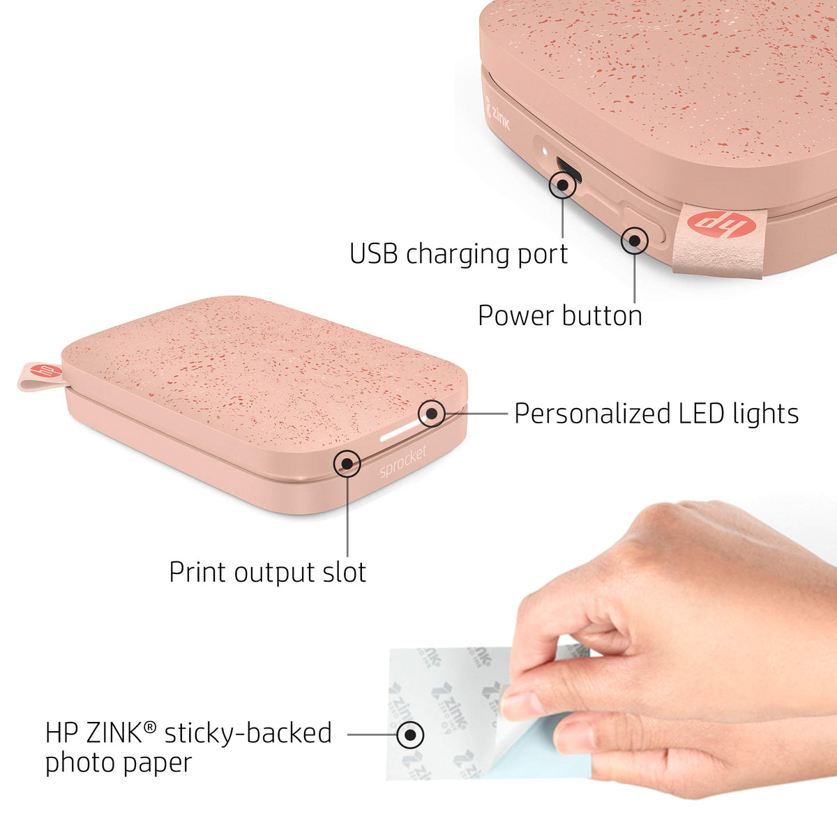 HP Sprocket blush pink printer back view with paper loading