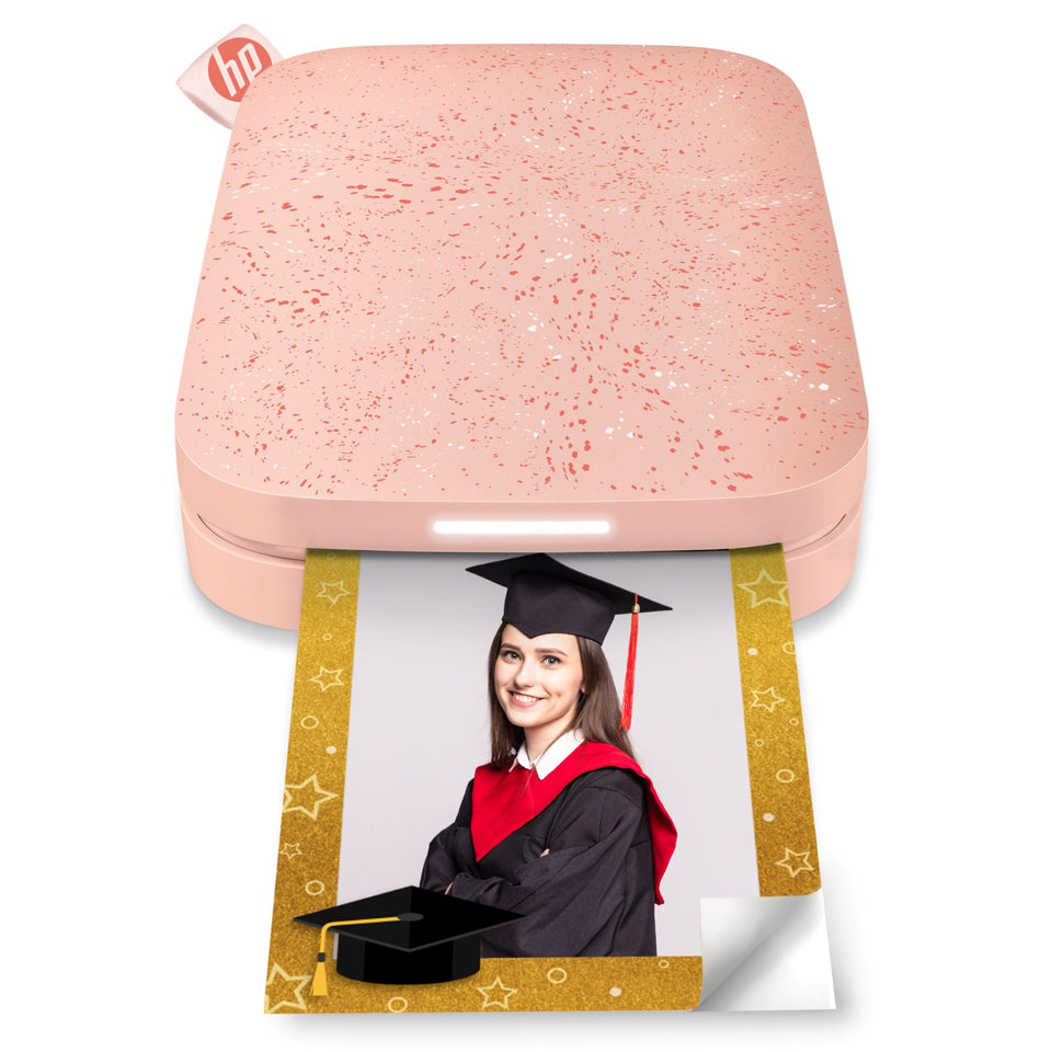 HP Sprocket blush pink printer in front view showing compact design