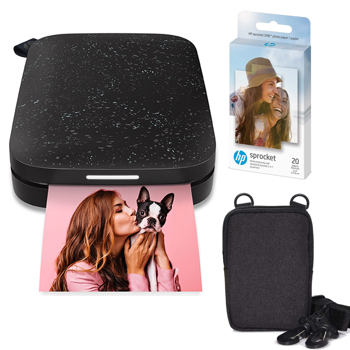 HP Sprocket front view showing a compact mobile printer ideal for quick on the go photo prints