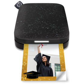 HP Sprocket Noir front view with prints ready to share on the go